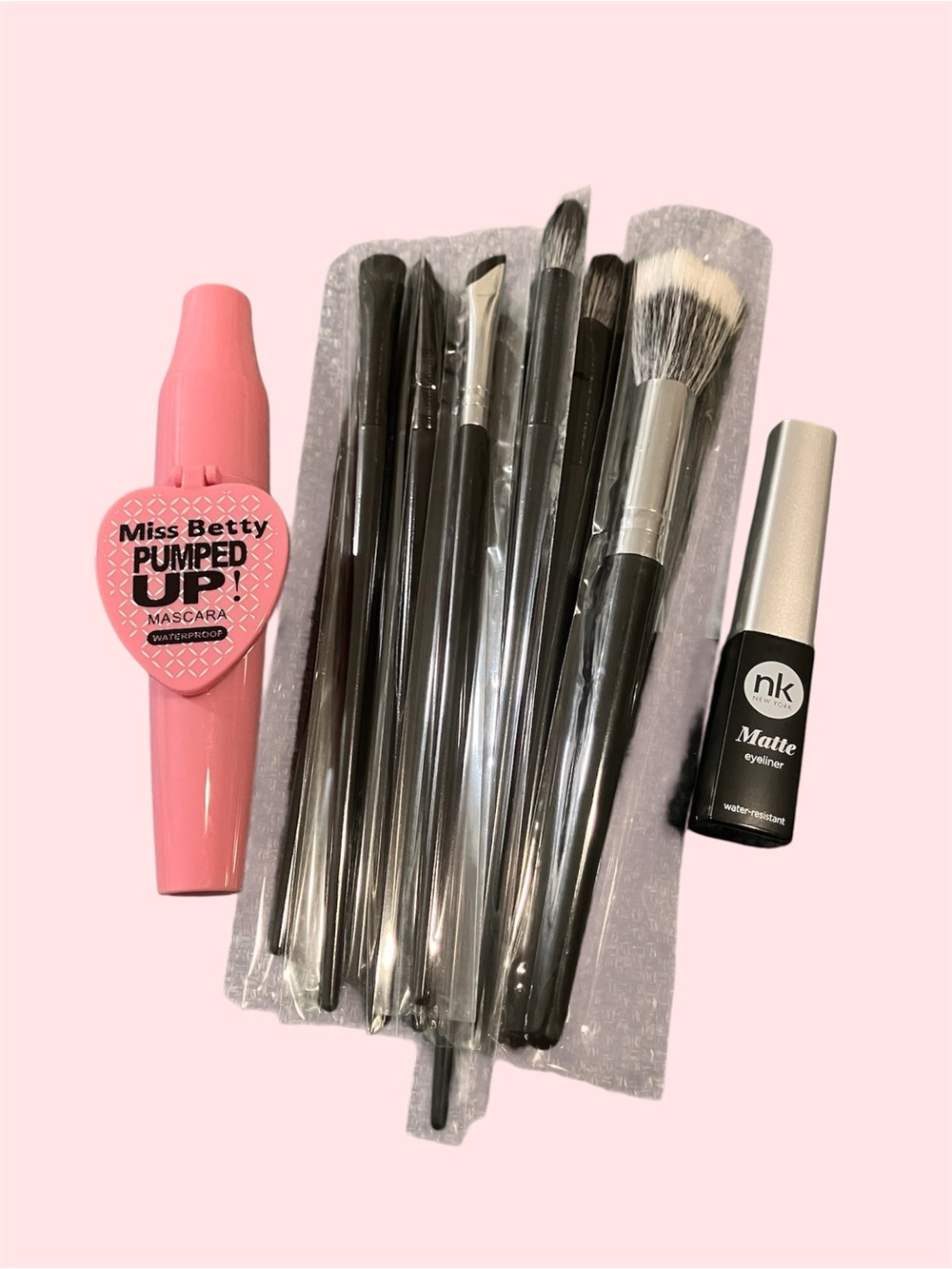 Miss Betty Pumped Up! Pink Mascara with Black Makeup Brushes & NK Matte Eyeliner